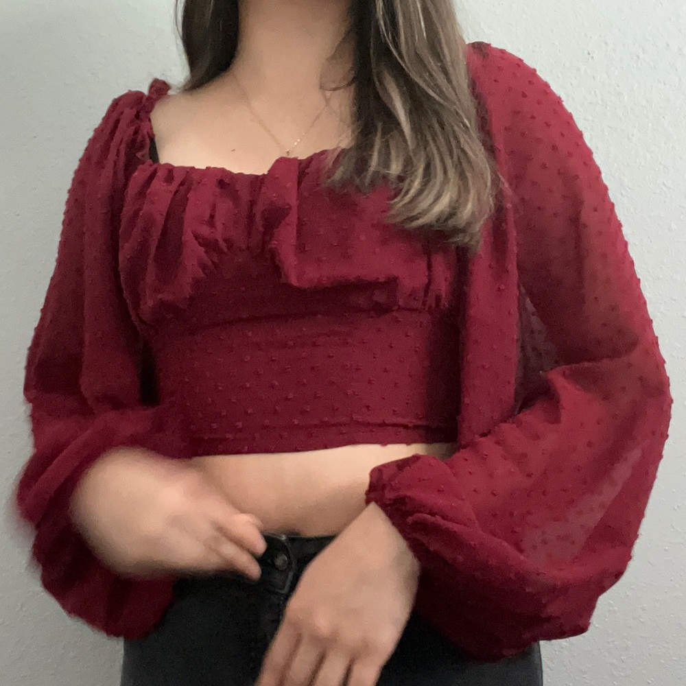 Shein Burgundy Swiss Dot Bishop Sleeve Crop Top